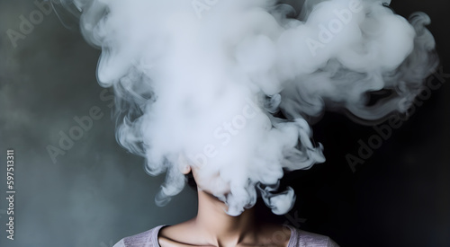 Cloudy smoke covering face of woman. Concept of heavy smoking or vaping.