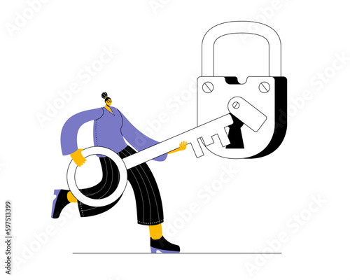 The girl opens a virtual lock. The concept of a vector illustration on the topic of security in your profile.