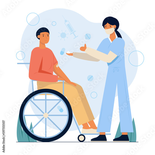 Immunization people with disabilities. Nurse applies cotton to intravenous shot given disabled man