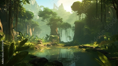 World inspired by the Amazon rainforest, with lush greenery, exotic wildlife, and tribal communities