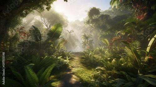 World inspired by the Amazon rainforest  with lush greenery  exotic wildlife  and tribal communities
