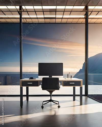 Click and Clack: A Modern Office with Cutting-Edge Computers and a beautiful view - created with generative Ai tool