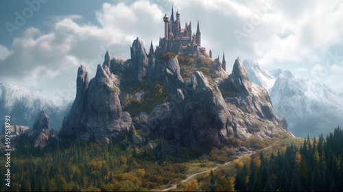 Fairytale castle on mountain hill. generative ai © Witri