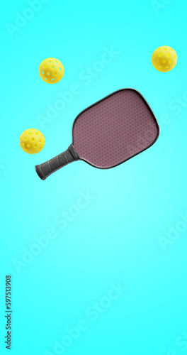 Racket and sports balls for pickleball. Turquoise background 3d render.