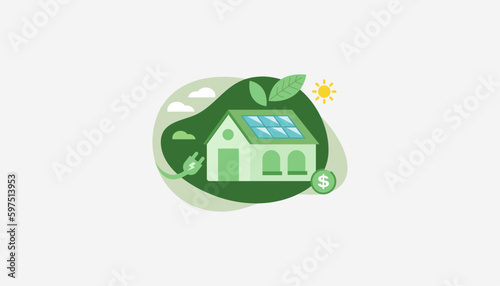 Sustainable home vector. Green energy illustration. Renewable energy concept.
Illustration eco friendly sustainable house with solar energy panels. Vector illustration