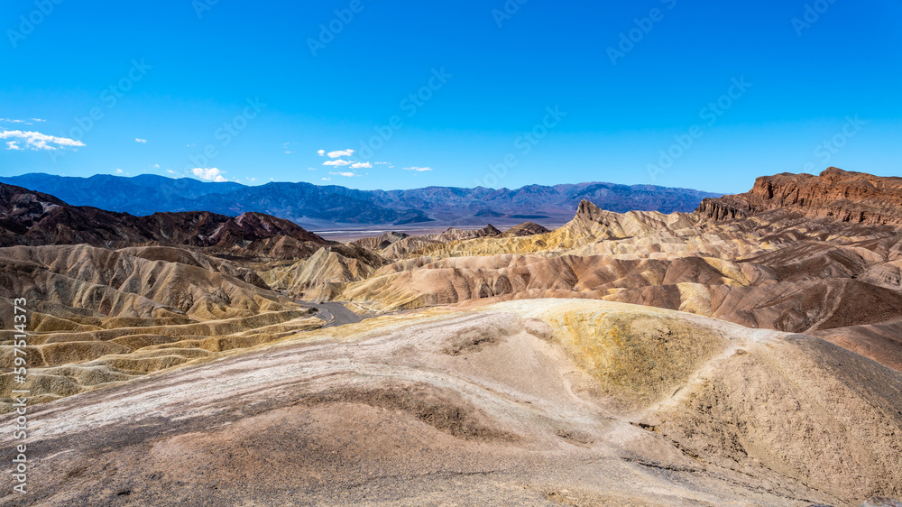 The Badlands hills at Zabriskie Point are laded with Borax which has been mined in the part but now part of Death Valley national Park in California, USA