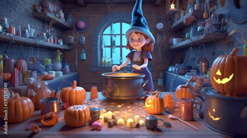Girl witch make magic potion in cauldron. fantasy of wizard interior with boiling pot. generative ai