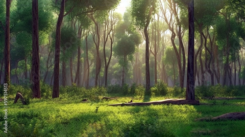 Summer forest panorama trees and grass on glade.garden landscape with green plants. generative ai