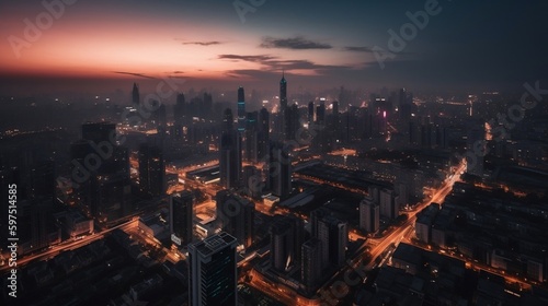 city skyline at night and dusk: "Skyline Symphony" Created using generative AI.
