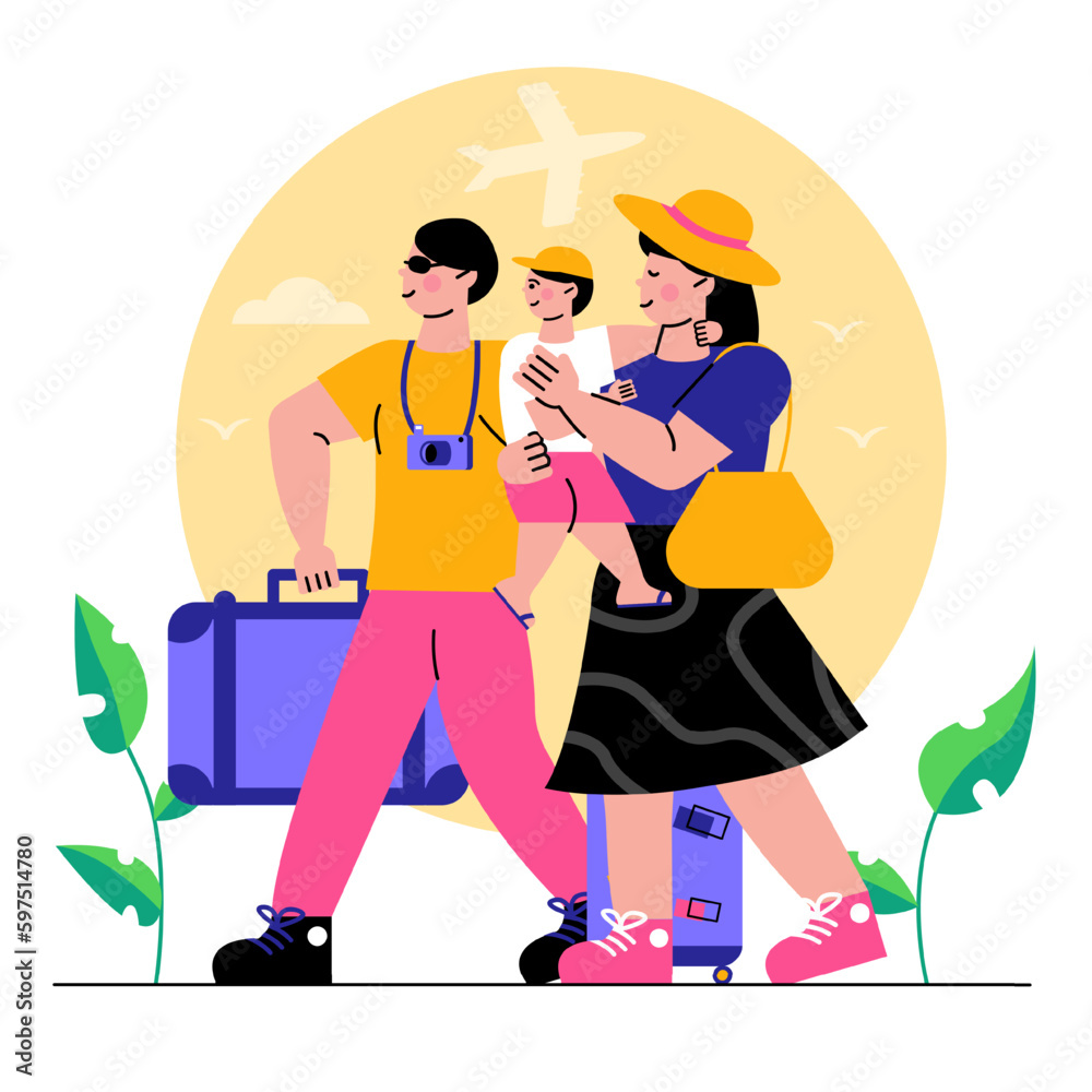 Young family with child came to new city, going to travel in vacations Young family with child came to new city, going to travel in vacations