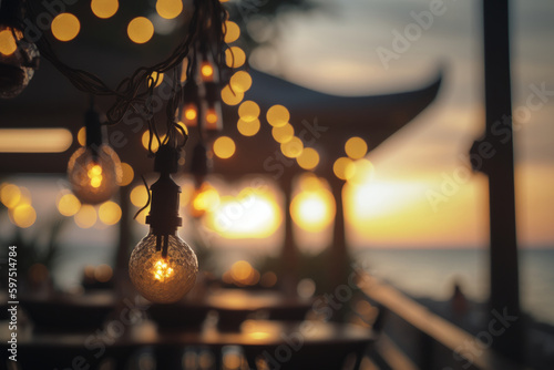 Lights in summer beach cafe. Illustration AI Generative