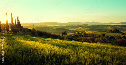 Photographie Panorama of sunrise in Val d'Orcia, Tuscany, Italy