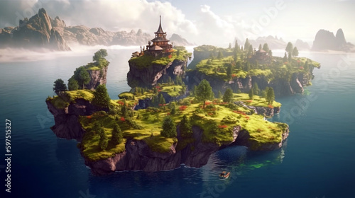 Fantasy summer landscape with magic castle and floating islands. generative ai © Witri