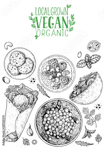 Vegan food frame. Hand drawn vector illustration. Menu design template. Vegan food sketch. Vintage design template. Product design. Great for packaging  recipe book  menu. Vegetarian food sketch.
