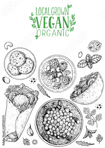 Vegan food frame. Hand drawn vector illustration. Menu design template. Vegan food sketch. Vintage design template. Product design. Great for packaging, recipe book, menu. Vegetarian food sketch.