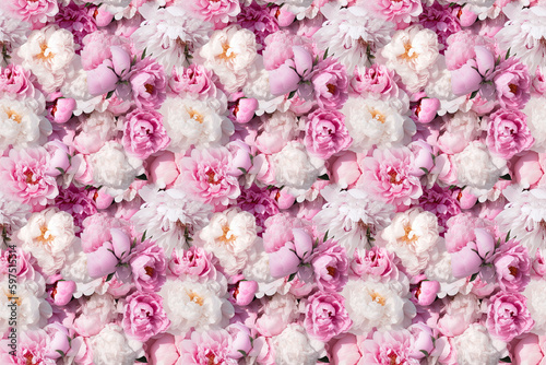 seamless tile peonies pattern, 6 seamless tiles background, repetitive seamless pink flowers, summer spring blossoms, pink, white. Generative AI