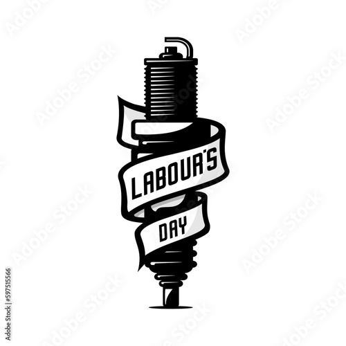 motorcycle spark plug design vector wrapped around a ribbon that says labor day