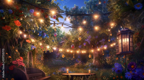 Hanging decorative holiday lights for a party in the fantasy magical garden. generative ai