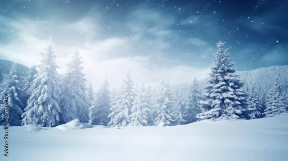 Fototapeta premium Winter Christmas Forest Background. Illustration AI Generative.