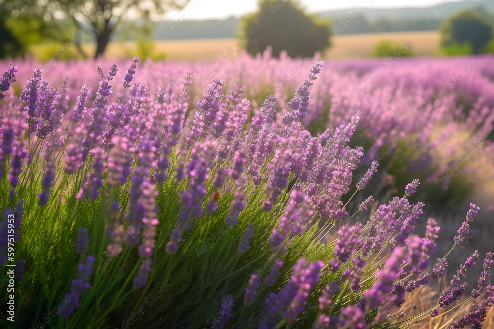 Field of Purple Colored Lavender in Summer Afternoon: AI Generated Image