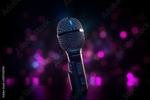 Neon black microphone background. Illustration AI Generative.