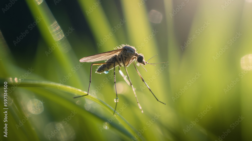 Fototapeta premium Mosquito on green natural background. Illustration AI Generative.