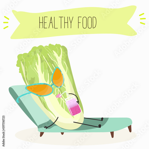 Illustration with funny characters Chinese cabbage, lettuce,  cabbage,peking,  spinach. Funny and healthy food. Vitamins, salad, cute face food, ingredients, vegetarian, vector cartoon, agriculture.