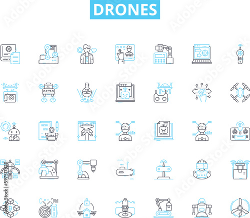 Drones linear icons set. Flying, Quadcopters, Remote-controlled, Unmanned, Hovering, Aerial, Surveillance line vector and concept signs. Photography,Precision,Autonomous outline Generative AI