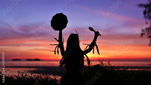 Native American Indian Shaman with shamanic tambourine - shamanic ritual - shaman. photo