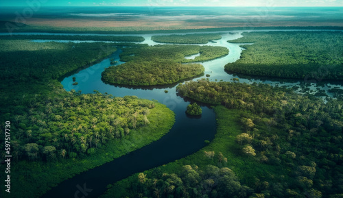 An aerial view of a river and a forest. Generative Ai