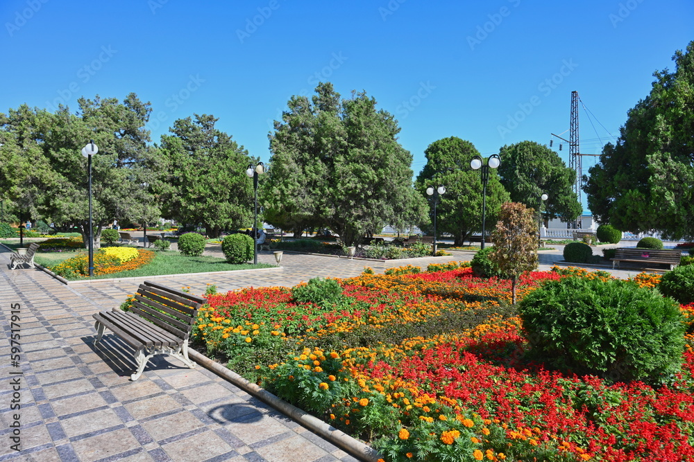 Beautiful flower garden at city embankment in Makhachkala