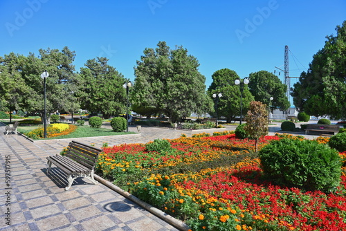 Beautiful flower garden at city embankment in Makhachkala