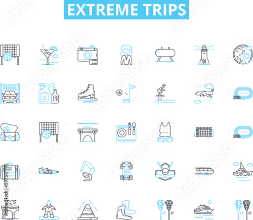 Extreme trips linear icons set. Adventurous, Thrilling, Intense, Challenging, Grueling, Extreme, Dangerous line vector and concept signs. Risky,Exciting,Epic outline illustrations Generative AI