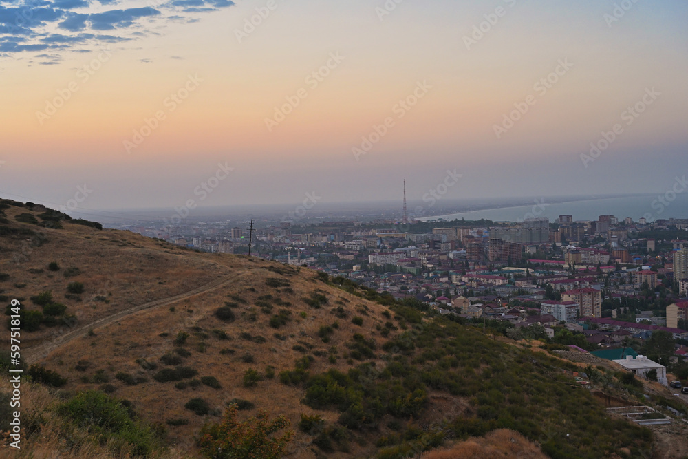 Calm evening sunset over Makhachkala city