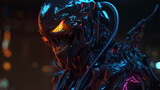 A close up of a alien with a red eye and a black helmet. Generative Ai