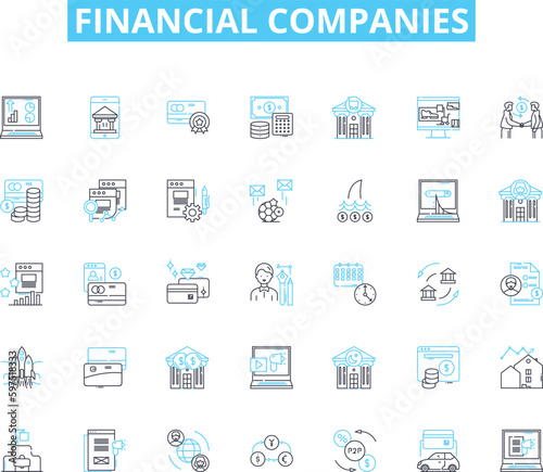 Financial companies linear icons set. Banking, Investments, Insurance, Wealth, Taxation, Trading, Credit line vector and concept signs. Loans,Stock,Asset outline illustrations Generative AI