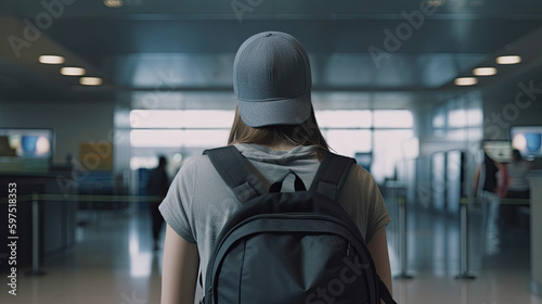 Back view of young traveller woman with suitcase standing in airport terminal. Generative AI