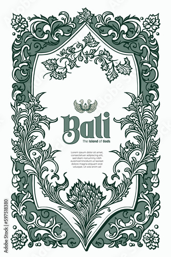 Luxury Balinese typography with border decoration flower, abstract frame illustration