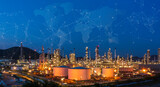 Oil refinery at twilight and night with industrial physical system icon diagram Supports the concept of Industry 4.0 technology..