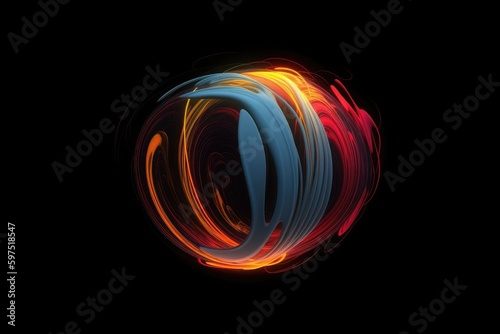 A glowing 3d red neon sphere illustration, suspended in a dark void with vibrant streaks of orange color swirling around it