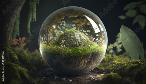A glass sphere with a mossy tree inside. Generative Ai