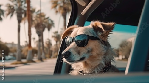 Dog in sunglasses looking out of car window on a sunny day - generated by AI © DigitalMuseCreations