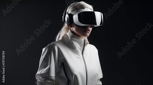 Girl in VR glasses and white suit on gray background. AI generated. © DigitalMuseCreations