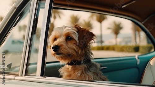 Sunny day with a cool dog in a car - generated by AI