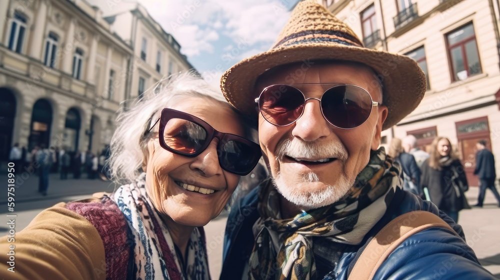 Smiling Tourists: An AI-Generated Image of an Elderly Couple with a Selfie Stick Smiling Tourists: An AI-Generated Image of an Elderly Couple with a Selfie Stick