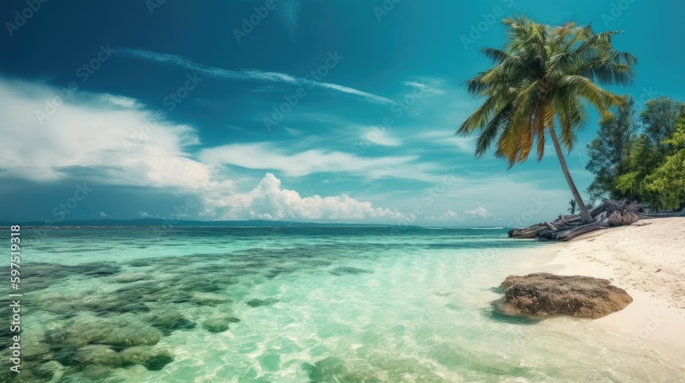 Beautiful natural tropical landscape white sand, a palm tree bowed to the water and green vegetation. Turquoise ocean on background blue sky with clouds on sunny summer day,generative ai.