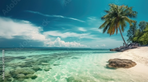 Beautiful natural tropical landscape white sand  a palm tree bowed to the water and green vegetation. Turquoise ocean on background blue sky with clouds on sunny summer day generative ai.