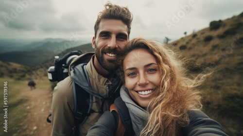 Landscape selfie of a smiling couple in love (AI generated image)