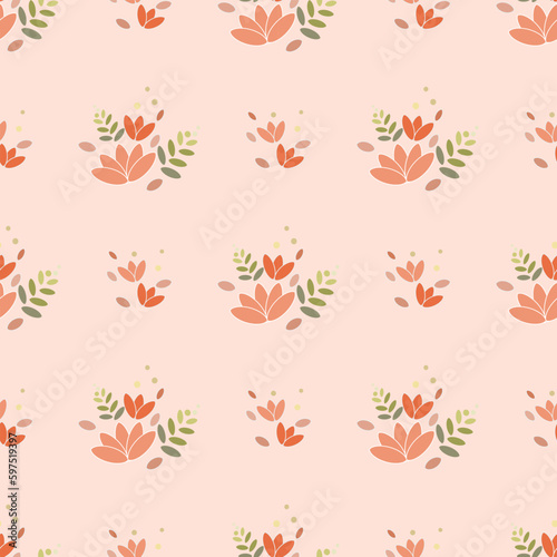 In this seamless pattern, consists of a delicate bouquet of orange flowers interspersed with soft green leaves. Place on an orange background, it looks warm, sweet and beautiful.
