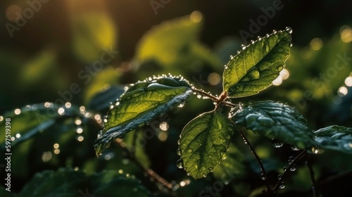 Green Leaves with Dew Drops and Sparkles (AI Generated)